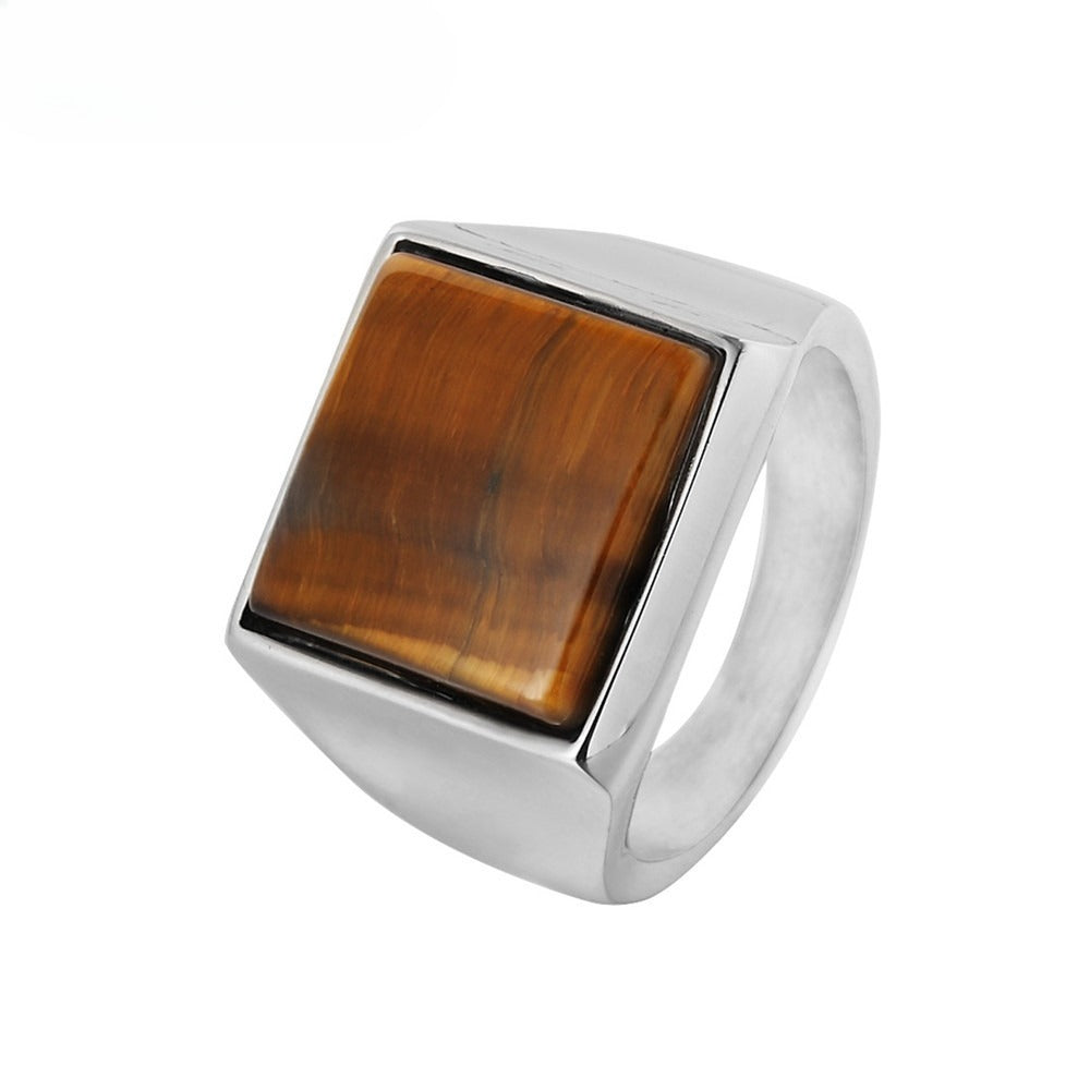 Planderful Mens Titanium Steel Square Stone Ring Unisex Stylish Everyday Genie Protection Statement