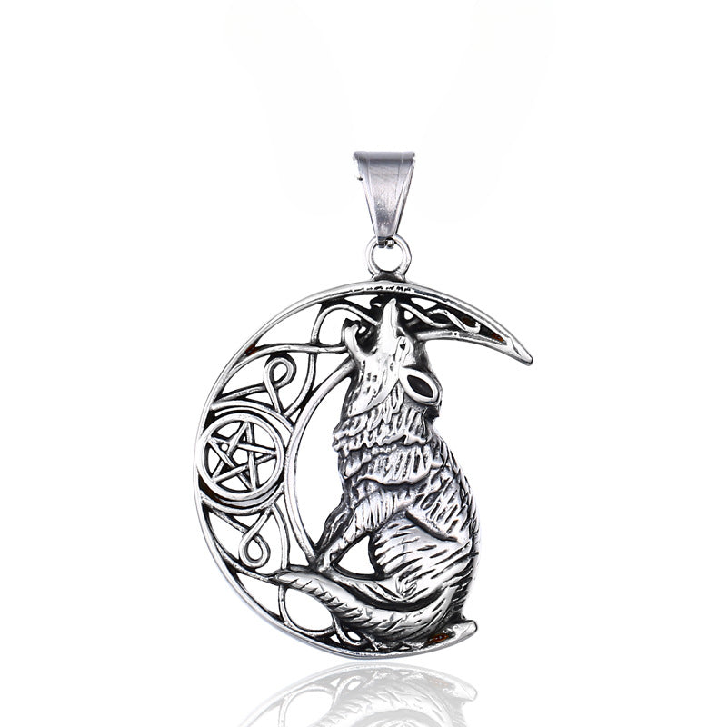 Men's Viking Moon Wolf Titanium Steel Pendant - Punk Jewelry for the Bold
