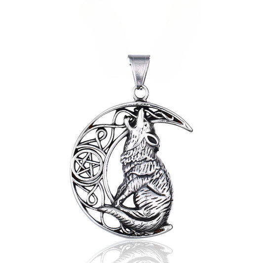 Men's Viking Moon Wolf Titanium Steel Pendant - Punk Jewelry for the Bold