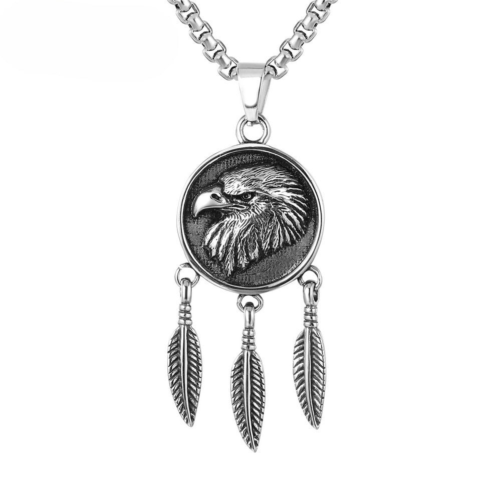 Planderful Feather Eagle Head Pendant Titanium Steel Necklace Unisex Protection Jewelry