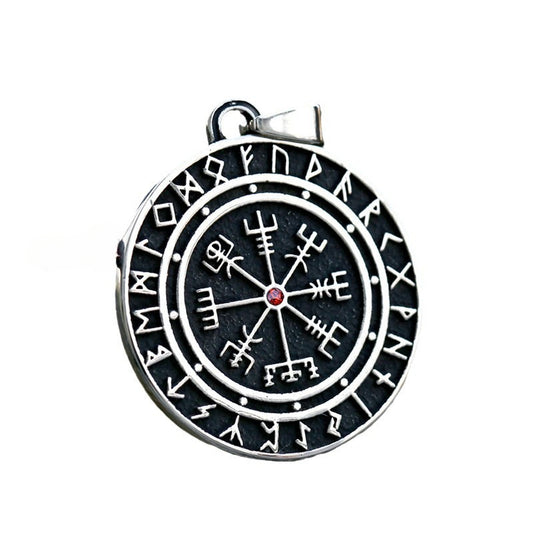 Nordic Viking-Inspired Titanium Steel Pendant with Inlaid Stone for Men - Wholesale Compass Design
