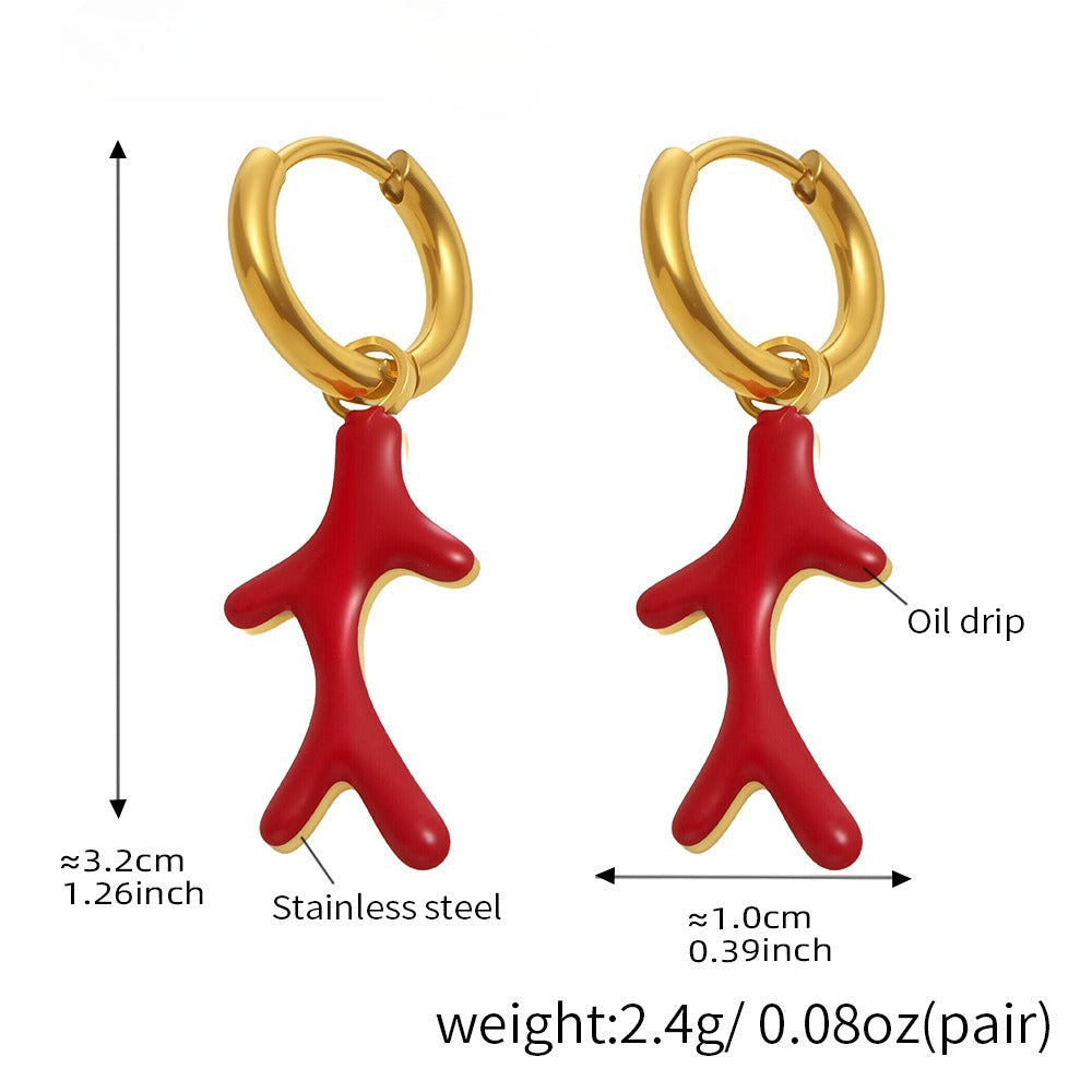 Planderful Red Coral Bead Oil Drop Earrings 18K Gold Women