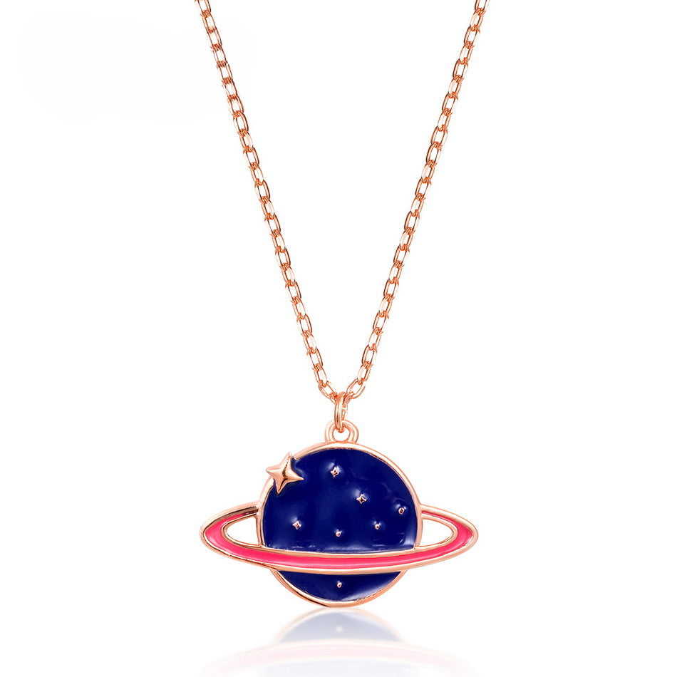 Enamel Blue Planet Pendant Sterling Silver Necklace
