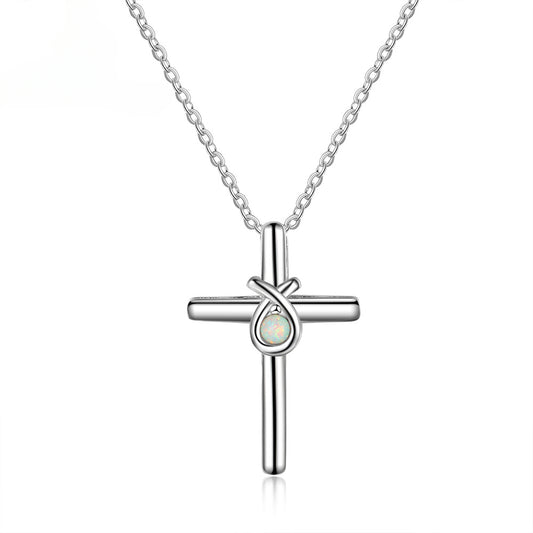 Round Opal Polished Latin Cross Sterling Silver Necklace