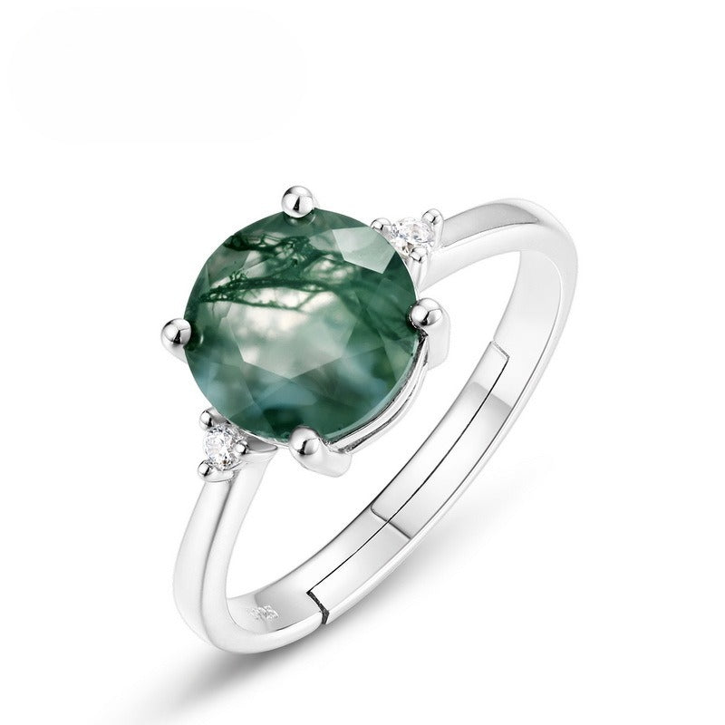 Planderful Jewelry Sterling Silver Agate Ring Green Moss Geometric Retro Design For Women