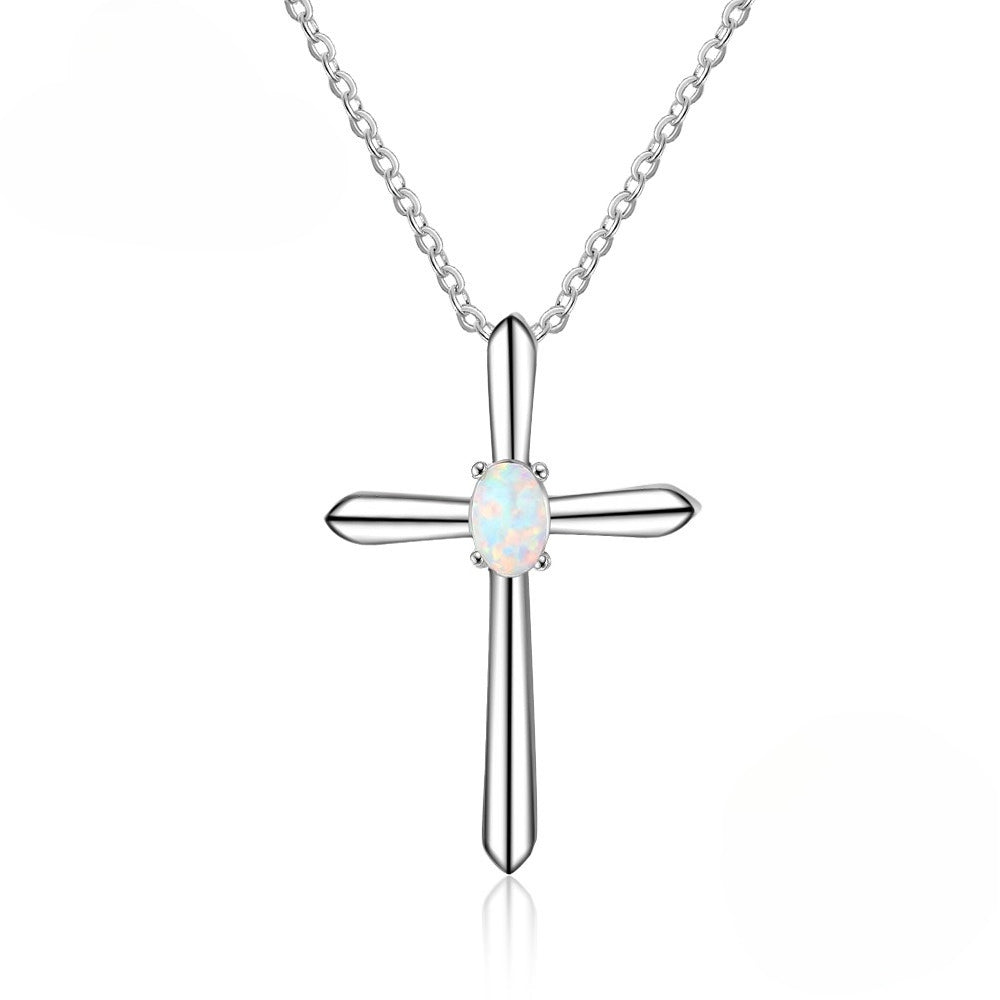 Planderful Jewelry Opal Cross Necklace Sterling Silver