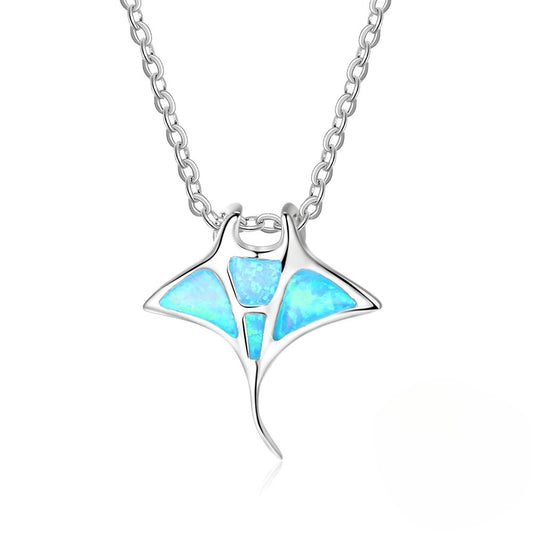 Planderful Jewelry Blue Opal Necklace in Sterling Silver S925 Ocean Devil Fish Pendant