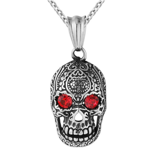 Halloween Carved Skull Zircon Eyes Titanium Steel Necklace for Men