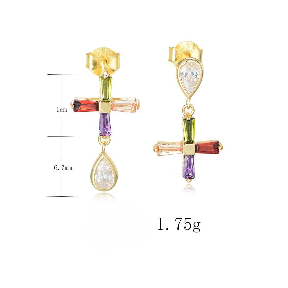 Color Zircon Asymmetric Cross Stud Earrings Sterling Silver Jewelry Earrings