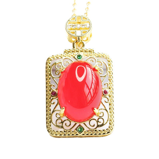 Natural Oval Red Agate Chalcedony Vintage Golden Auspicious Cloud Rectangle Pendant