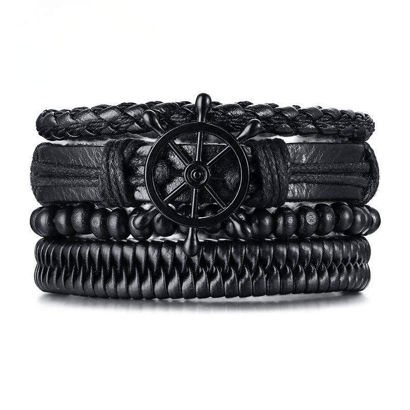 Alloy Rudder Black Wooden Bead PU Leather Woven Bracelet Set