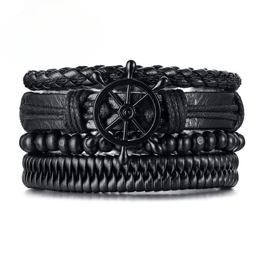 Alloy Rudder Black Wooden Bead PU Leather Woven Bracelet Set