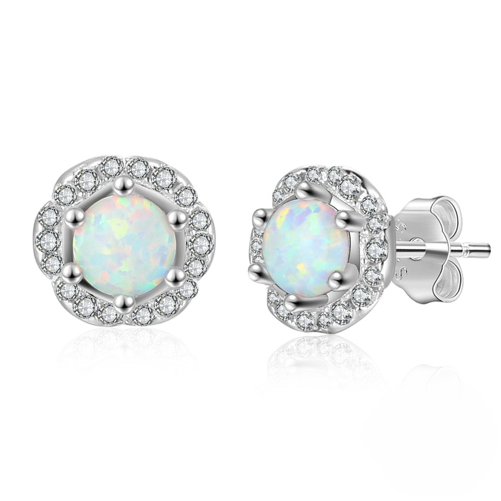Zircon Flower with Round Opal Sterling Silver Stud Earrings