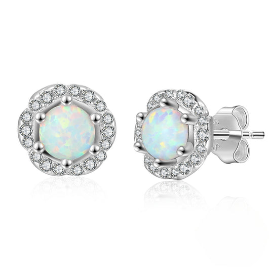 Zircon Flower with Round Opal Sterling Silver Stud Earrings