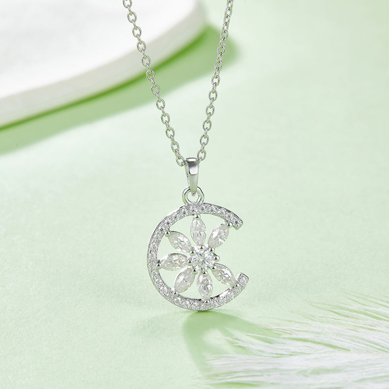 C Shape Sunflower Moissanite Silver Necklace