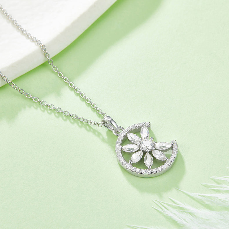 C Shape Sunflower Moissanite Silver Necklace