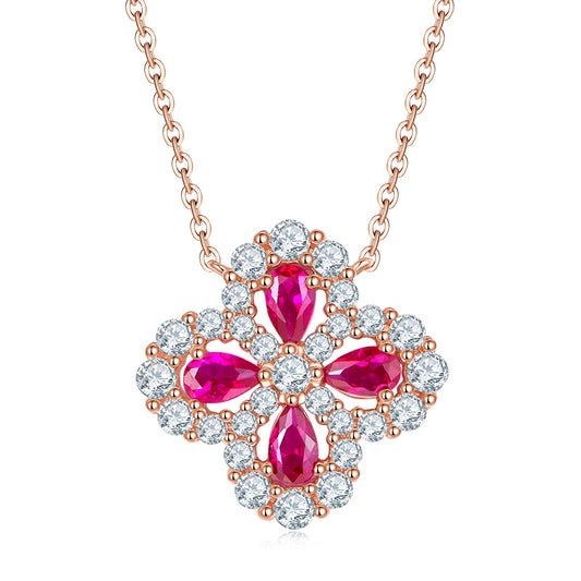 Four Leaves Clover Red Zircon Necklace