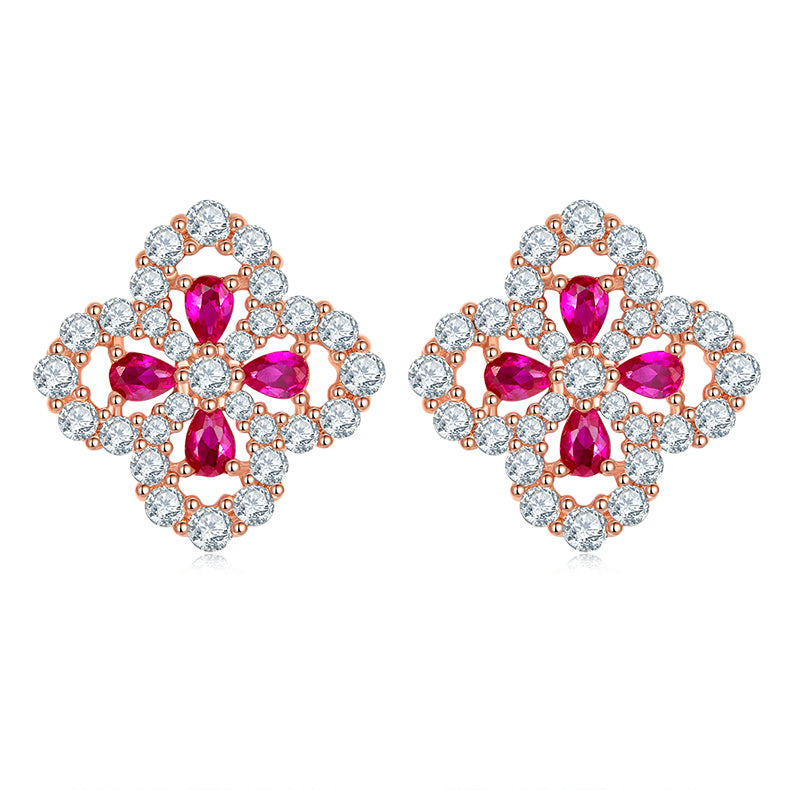 Four Leaves Clover Red Zircon Stud Earrings