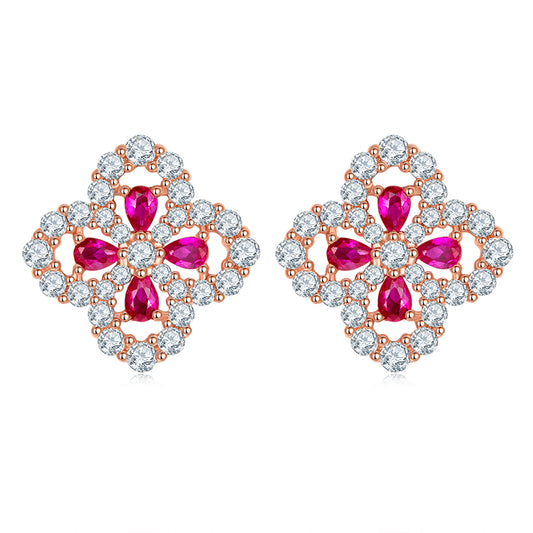 Four Leaves Clover Red Zircon Stud Earrings