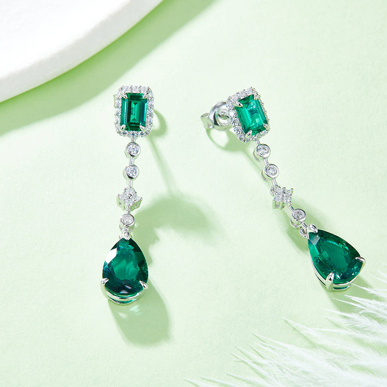 5.0 Carat Rectangle and Pear Shape Lab Created Emerald Drop Earrings