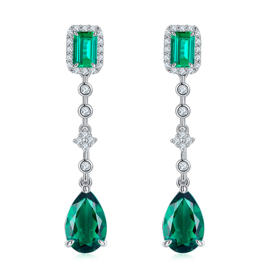5.0 Carat Rectangle and Pear Shape Lab Created Emerald Drop Earrings