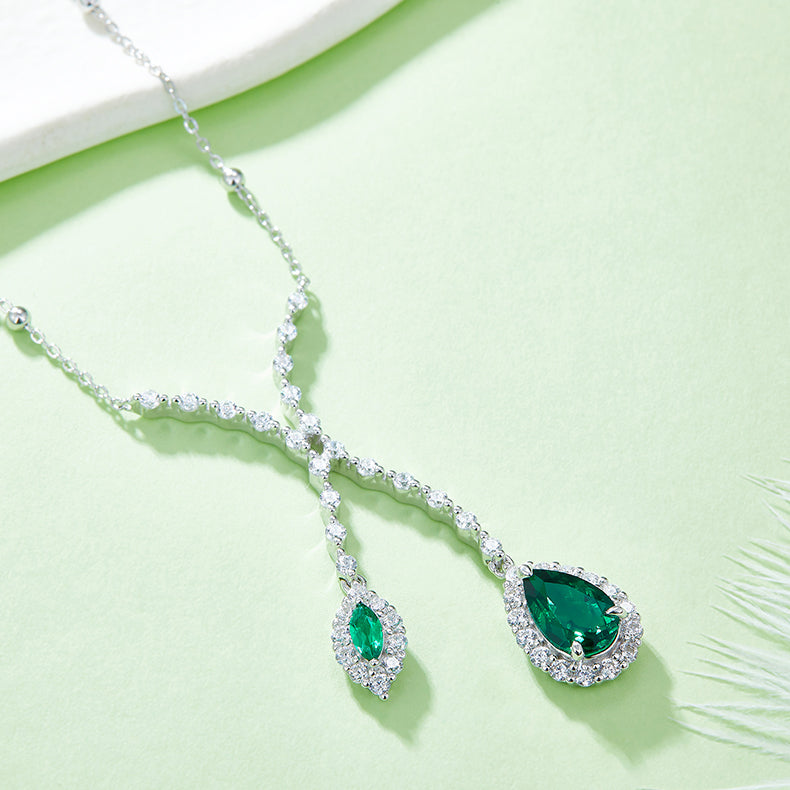 X Shape 1.88 Carat Water Drop Lab Created Emerald Necklace