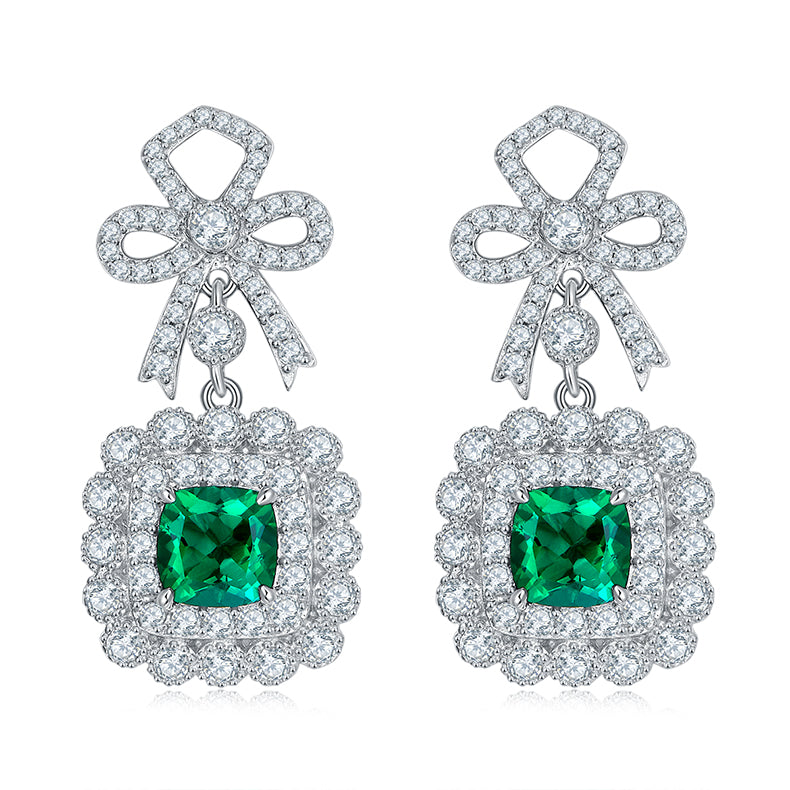 Bowknot 12.7 Carat Square Lab Created Emerald Drop Earrings
