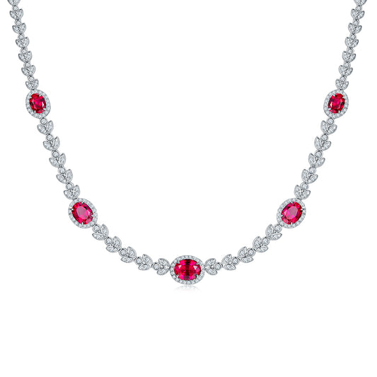 Leaf Oval Cut Lab Created Ruby Necklace