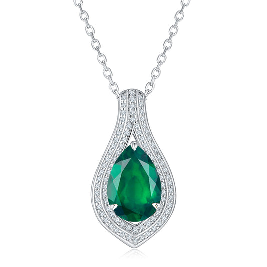 Stylish Halo 9.0 Carat Pear Shape Lab Created Emerald Necklace