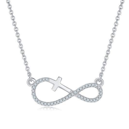Polished Cross Infinite Symbol Pendant Moissanite Sterling Silver Necklace