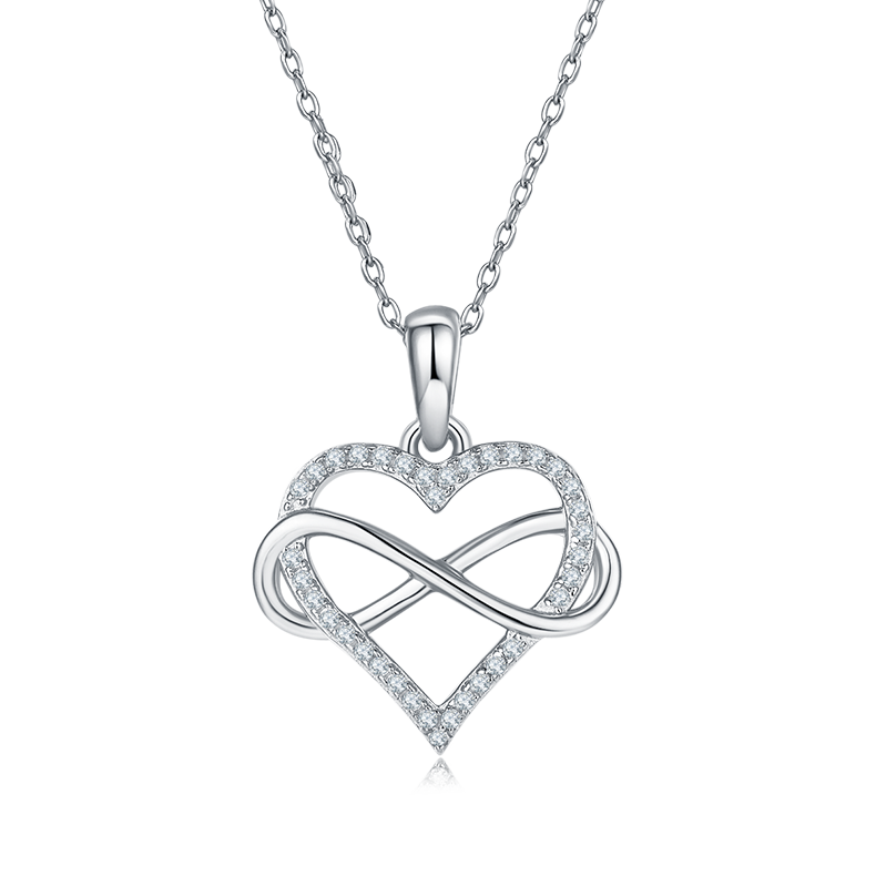 Infinite Symbol Wrapped Heart Shape Pendant Moissanite Sterling Silver Necklace