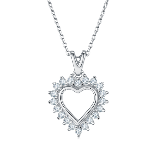 Hollow Heart Shape Pendant Small Moissanite Halo Sterling Silver Necklace