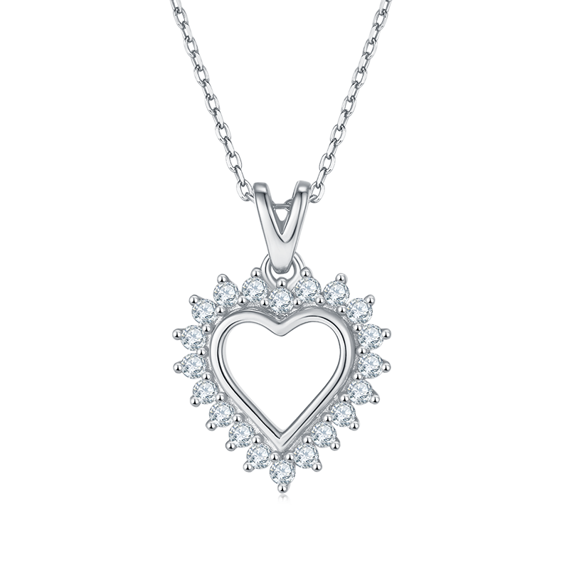 Hollow Heart Shape Pendant Small Moissanite Halo Sterling Silver Necklace