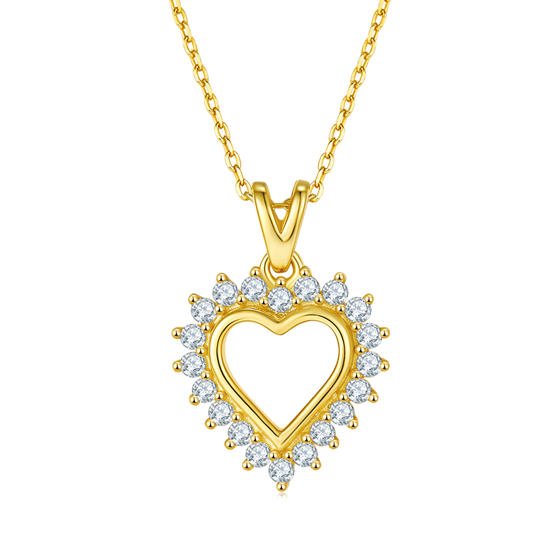 Hollow Heart Shape Pendant Small Moissanite Halo Sterling Silver Necklace