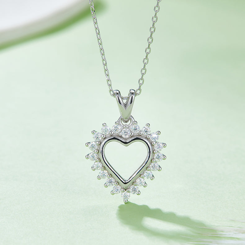 Hollow Heart Shape Pendant Small Moissanite Halo Sterling Silver Necklace