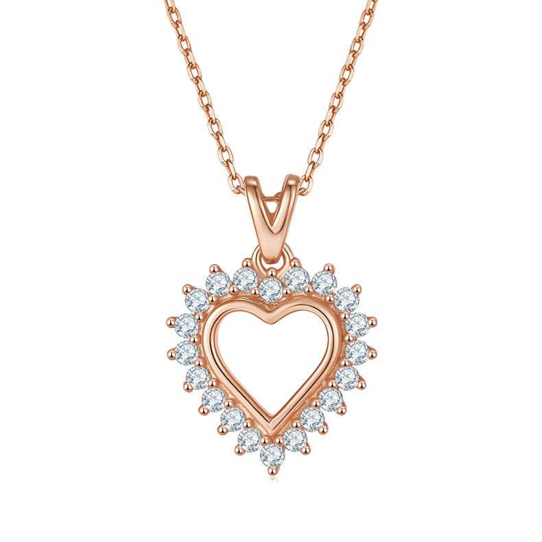 Hollow Heart Shape Pendant Small Moissanite Halo Sterling Silver Necklace