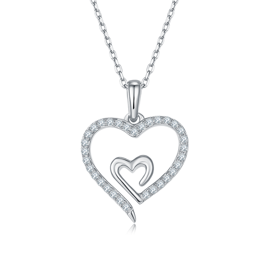 Heart in Heart Shape Pendant Moissanite Sterling Silver Necklace