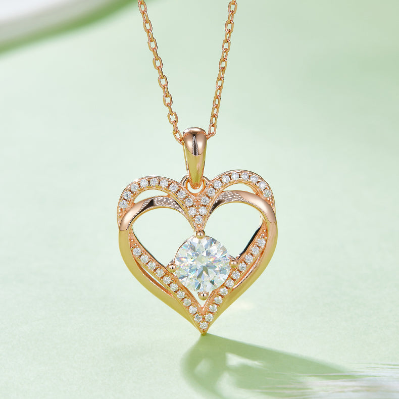 1.0 Carat Round Cut Moissanite Double Heart Sterling Silver Necklace