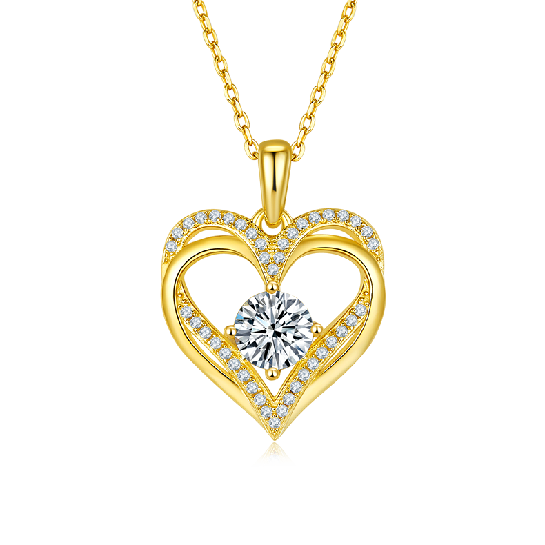 1.0 Carat Round Cut Moissanite Double Heart Sterling Silver Necklace