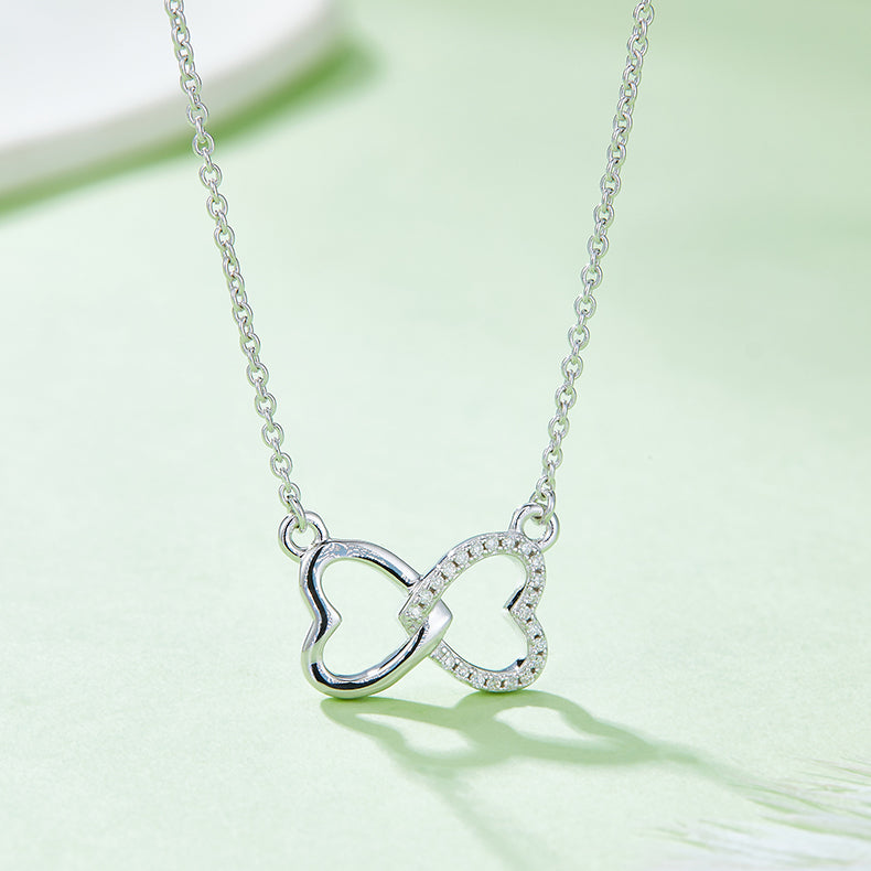 Interlocking Double Heart Pendant Moissanite Sterling Silver Necklace