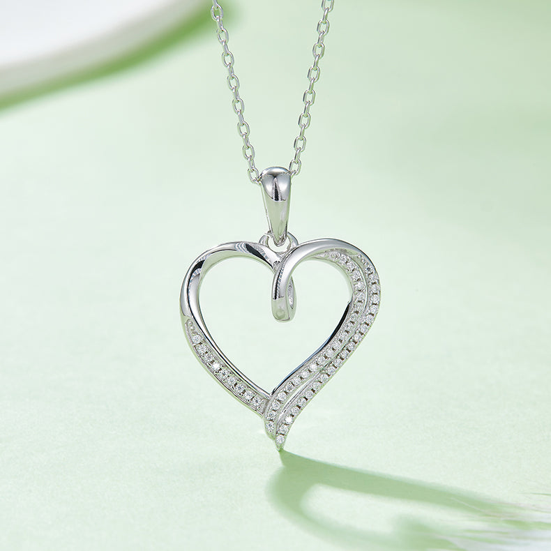 Half Double Layer Heart Shape Pendant Moissanite Sterling Silver Necklace