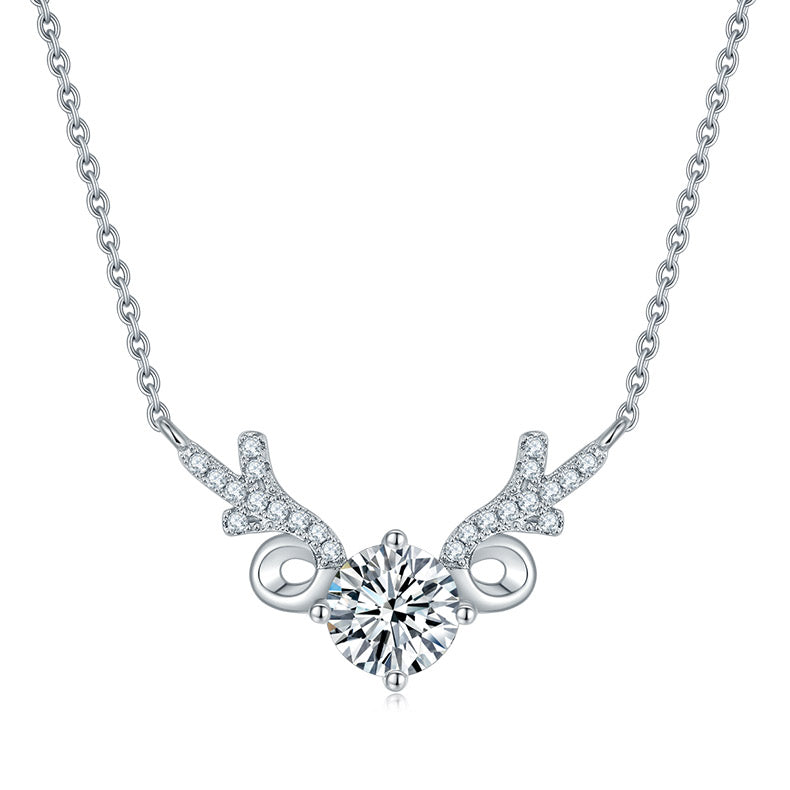 1.0 Carat Round Cut Moissanite Antler Sterling Silver Necklace