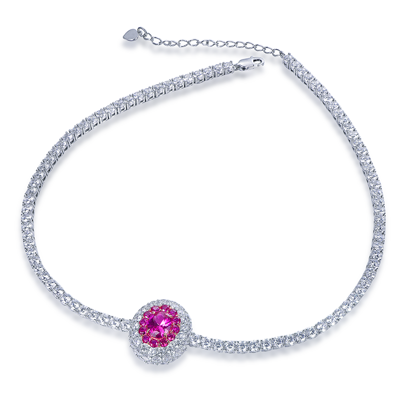 Soleste Halo Oval Lab-Created Ruby Pendant Moissanite Sterling Silver Necklace