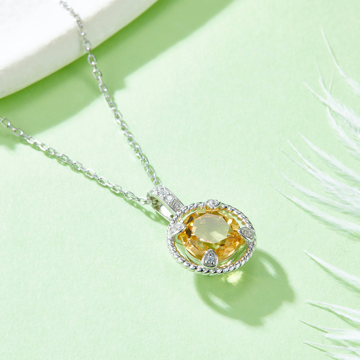 Round Cut Yellow Crystal Pendant Sterling Silver Necklace