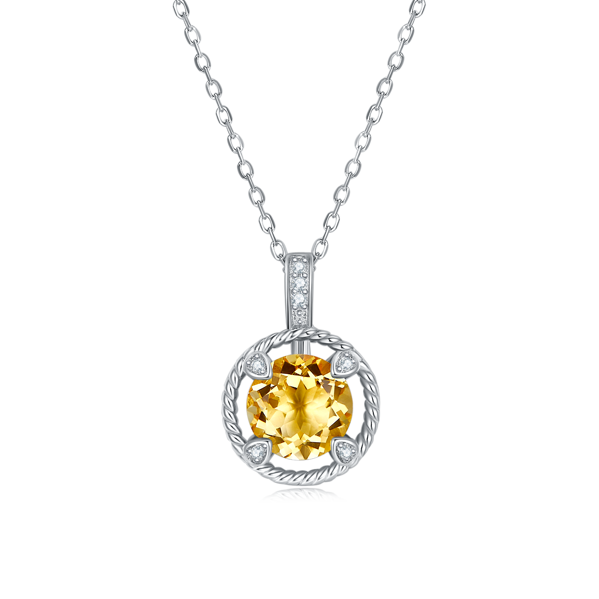 Round Cut Yellow Crystal Pendant Sterling Silver Necklace