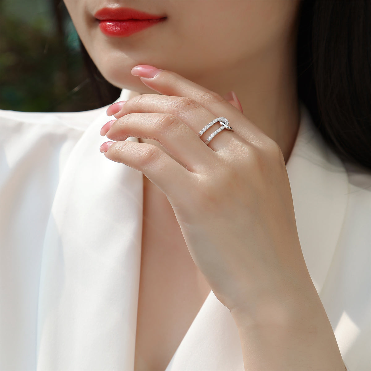 Planderful Moissanite Ring For Women Sparkling 0.22ct S925 Silver Plated Double Layer Interlocking Design