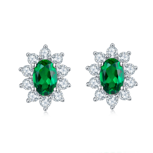 0.8 Carat Oval Lab-Created Emerald Halo Stud Earrings in S925 Silver Plated Platinum
