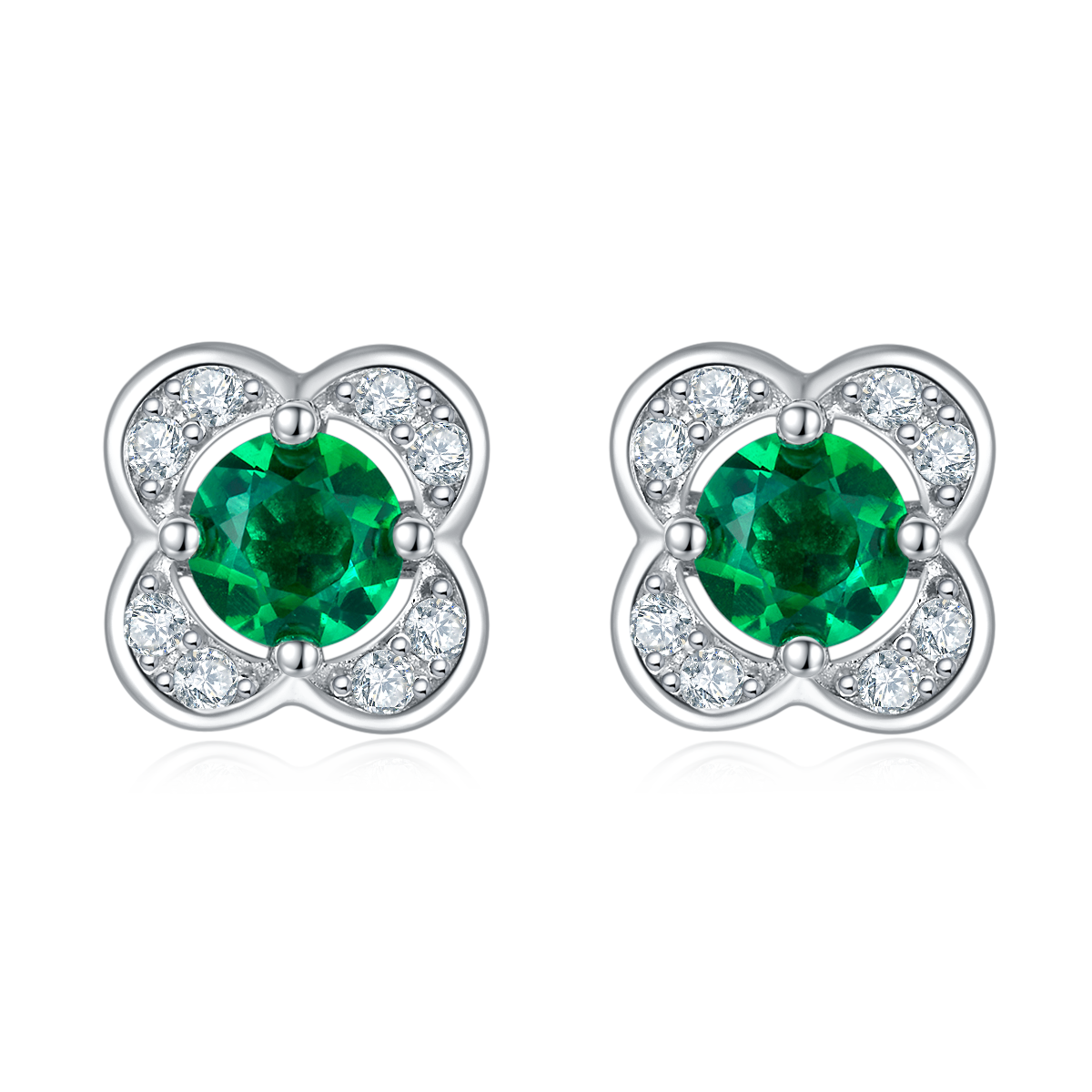 0.45 Carat Round Lab-Created Emerald Clover Stud Earrings in S925 Silver with Platinum Finish