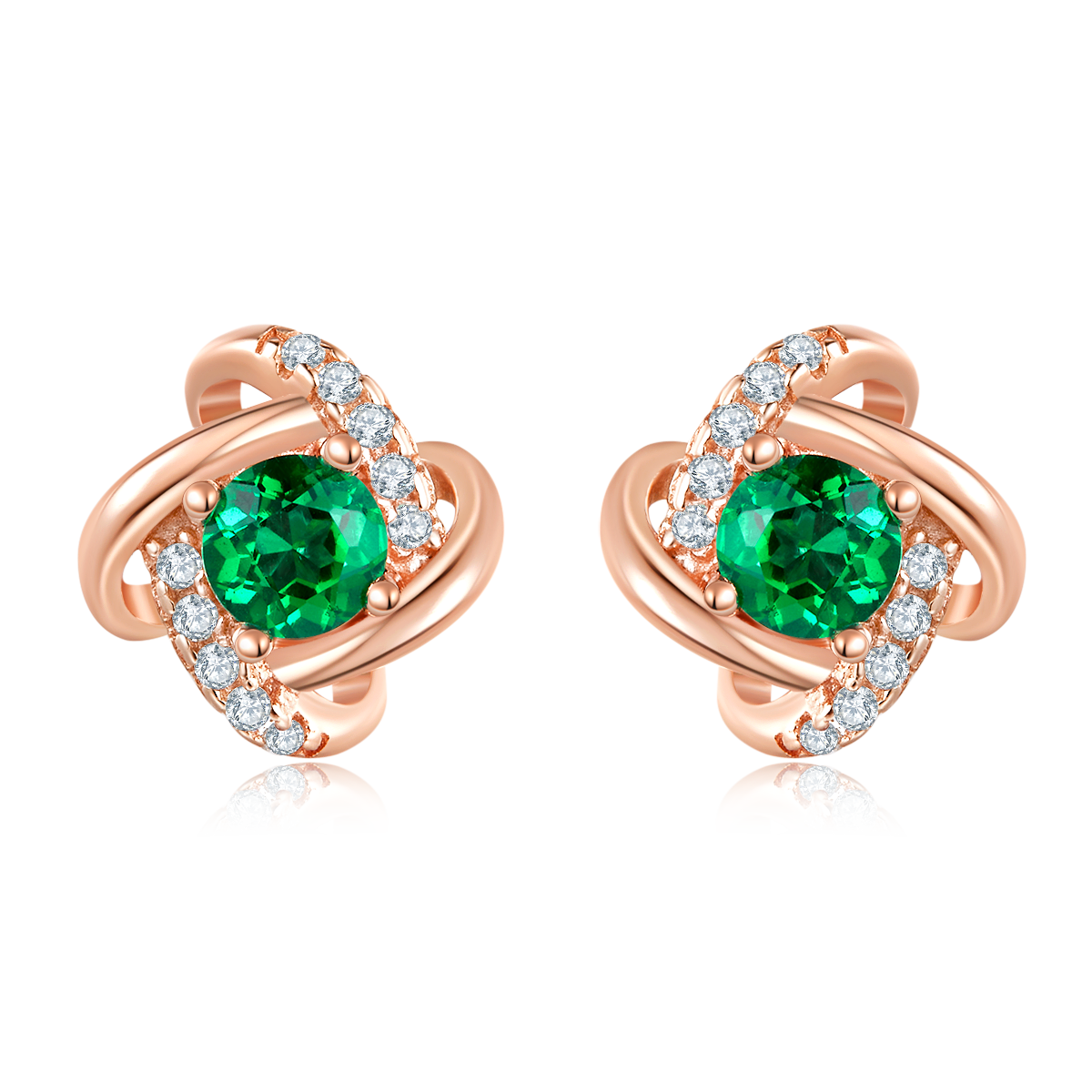 0.2 Carat Round Lab Created Emerald Rose Gold Plated Sterling Silver Four Leaf Windmill Stud Earrings
