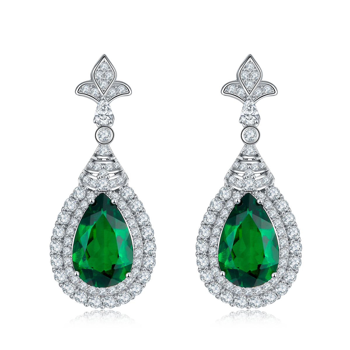 3.4 Carat Pear-Shaped Lab-Created Emerald Double Halo Drop Earrings in S925 Silver Plating